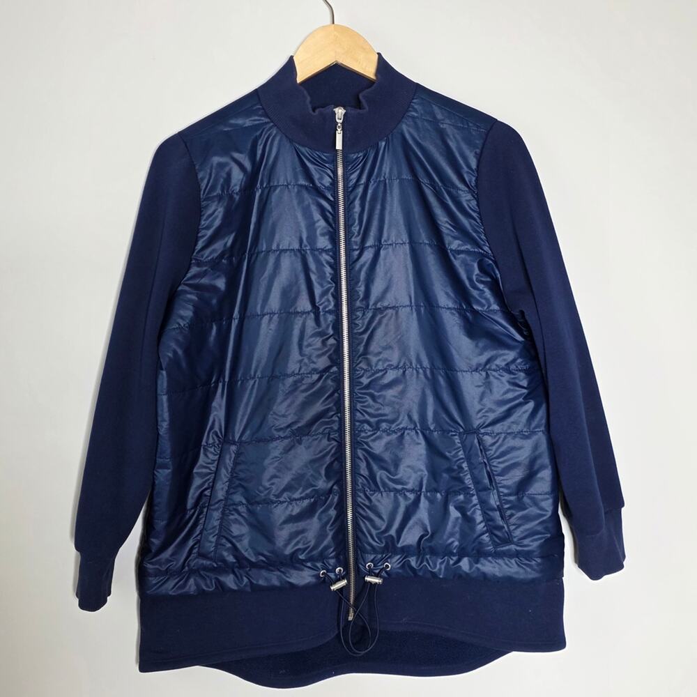 Chico's Zenergy Fleece Mixed Puffer in metallic purple/Blue Athleisure jacket